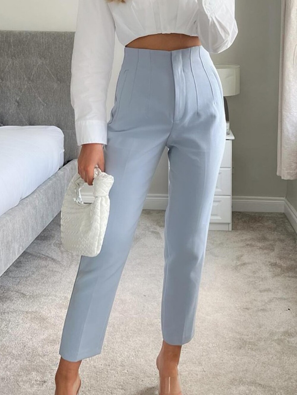 High-Waist Tailored Pants in Light Blue - Women